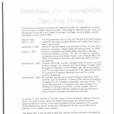 8-page summary history of the Zion Church congregation from 1800 to about 2000.: Downloadable PDF available on CatalogIT. Paper copy in Taborton Folder in the historian's office.