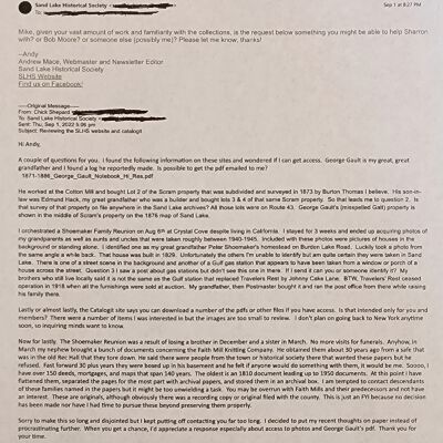 Initial E-mail from Sharron: Initial e-mail from Sharron "Chick" Shepard inquiring about the Gault notebook that eventually led to the donation of the Faith Mills document collection to the Town of Sand Lake.