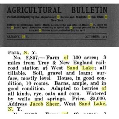 Excerpts from a 1919 NYS Department of Agriculture Bulletin: The Bulletin notes that the Sheer farm was offered for sale in 1919 for $5,000.  Refer to the weblinks portion of this site for the specific cite if desired.