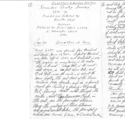 1870 Gazetteer Notes: Notes, possibly by K. Stanley Buck, regarding review of a 1870 for Sand Lake related information.