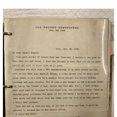 1931 Albert F. Demers Letter and Reminiscences to Cousin Sophie: Four-page PDF of a one-page beautifully written letter and three pages of reminiscences of the service of George W. Demers as the pastor of the Sand Lake Baptist Church in the early 1860s.  Albert was the son of George and might be the same Albert Fox Demers who notably graduated from RPI and had an annual memorial award established in his honor per the Weblinks portion of this entry. Original letter is in the collection of the Sand Lake Baptist Church.