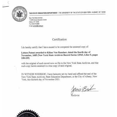 1685 Kilian Van Ranslaer Land Patent