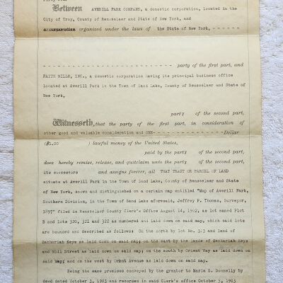 Doc # 6 Indenture 1954-04-16 FPO: Frank L. York for the Averill Park Corporation (APC) to FM. Appears to deed specified property located near Orient Avenue and Mill Street in Averill Park from the APC to FM in consideration for $1 for some unspecified reason. Other names involved include Maria E. Donnelly, Zachariah Keys, and Jefferey P. Thomas surveyor.