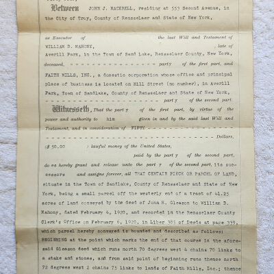 Doc # 7 Indenture 1954-07-16 FPO: John J. Mackrell as executor of the estate of William D. Mahoney to FM. Appears to deed two small parcels of land located near FM from the estate of Mahoney to FM in consideration for $50. Other names involved include John H. Gleason, Charles H. Teal, Anna M. Teal, and Arnold and Company.