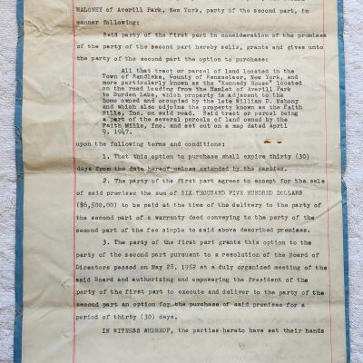 Doc # 10 Agreement 1952-06-17 FPO: Robert H. McCarthy for FM and Joseph J. Maloney. Agreement establishing a 30-day window in which Maloney could purchase an FM-owned property known as the Kennedy House located on Burden Lake Road in consideration for $6,500. Unspecified if Maloney exercised the option.