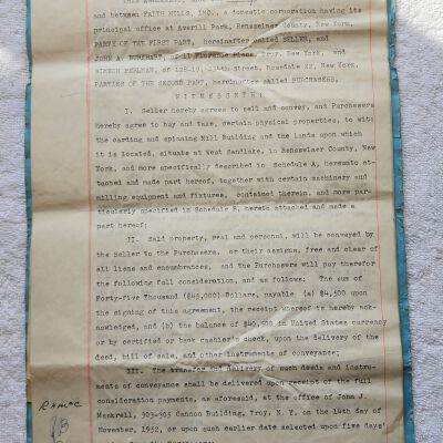 Doc # 11 Agreement 1952-10-07 FPO: Robert H. McCarthy for FM and John A. Burkhart and Simeon Perlman for intended further assignment to Maple Spinning Mills. Agreement with regard to the sale of a Carding and Spinning Mill building and associated industrial equipment and considerations by FM to Burkhart and Perlman for $45,000.  The agreement also specifies arrangements for the provision of supporting utilities and water rights. The agreement includes a detailed and comprehensive list of equipment, utilities, and considerations required to support carding and milling operations.