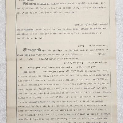 Doc # 16 Indenture 1948-04-13 P1-of-2: William H. Warger and Catherine Warger to Helen Gardner. Deeds property located near Mill Street and the Mill Pond / Factory Pond in Averill Park and from the Wargers to Ms. Gardner. Also related to Warger / Brown Indenture noted in the summary of Document #15.