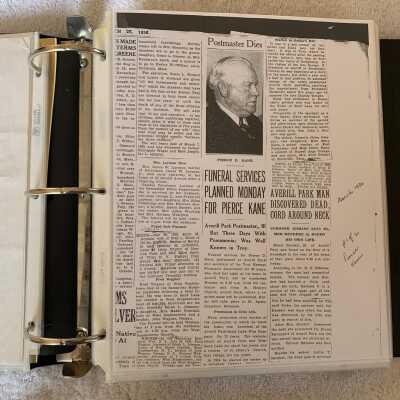 March 1936 newspaper article regarding the death of Averill Park Postmaster Pierce Kane