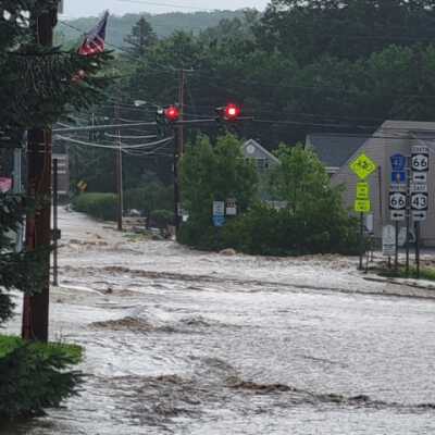 Intersection Routes 43 and 66 - 1: Raging waters that turned portions of routes 43 and 66 into turbulent rivers at the height of the storm.