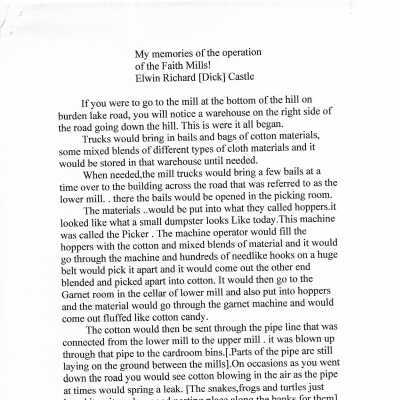 My memories of the Operation of Faith Mills, By Elwin Richard (Dick) Castle