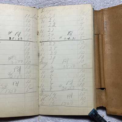 George Gault Notebook - Example page 2: JPG example photo of hours worked and wages paid entries made by George Hack in the 1920s.