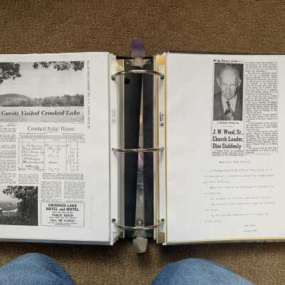 Left: Theodore Roosevelt visiting the Crooked Lake Hotel (repeat entry): Right:  1952 J. Wesley Wood, Sr., obituary and Methodist Farm brief history
