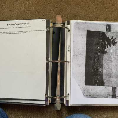 Left: Robins Cemetery #14 notations: Right:  Teamsters at sawmill photo