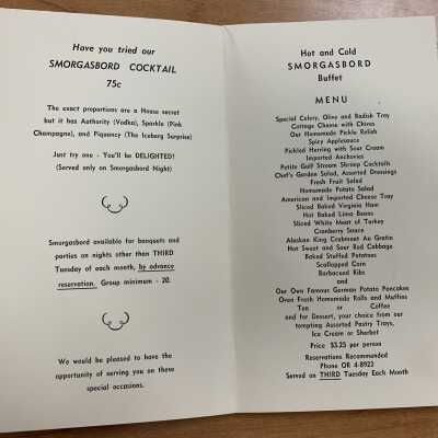 Journey's End Menu - Menu Pages: JPG photo.  of a Journey's end menu that was shared by SLHS member Ms. Alma Palmer during an April 12, 2022, SLHS Show and Tell Program Presentation.  Alma once worked at the Journey's end as a waitress.