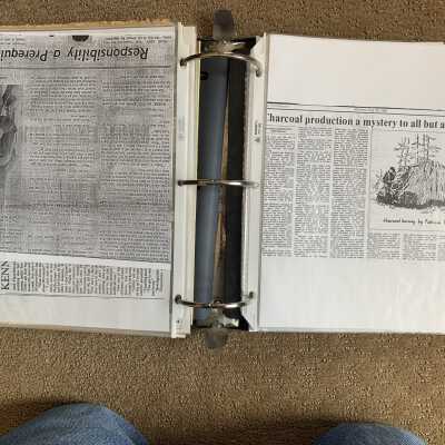 Left: 1970 William Kennedy George Dobert charcoal making article continued: Right:  1985 Times Record Charcoal production article