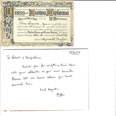 Page Protector 4 - 1916 Cross and Crown Diploma: Cross and Crown Diploma certifying three months of perfect attendance of Sunday School.  Granted by Myron L. Horton to Alma Devernoe in March of 1916.  The back of the certificate (available upon downloading the PDF) describes how continued perfect attendance would earn Alma additional certificates, pins and badges of honor.