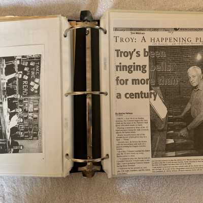 Left - 1972 Sand Lake Town Board photo: Right - Joe Connors Troy bells newspaper article