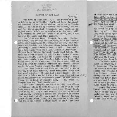 History of Sand Lake: Brief (4 half pages) history of Sand Lake apparently compiled by K S Buck.  Downloadable PDF document.