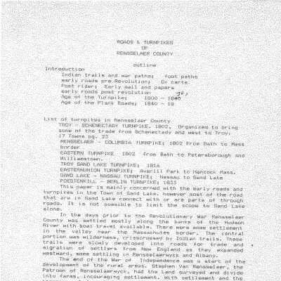 Roads and Turnpikes of Rensselaer County: Three-page downloadable PDF regarding the history of Sand Lake area highways.    The downloaded version is far more legible.