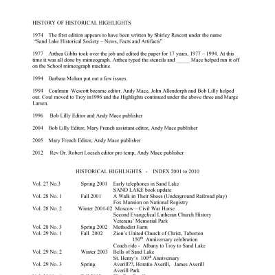 SLHS Historical Highlights History and Index 1974-2000 and 2001-2010.