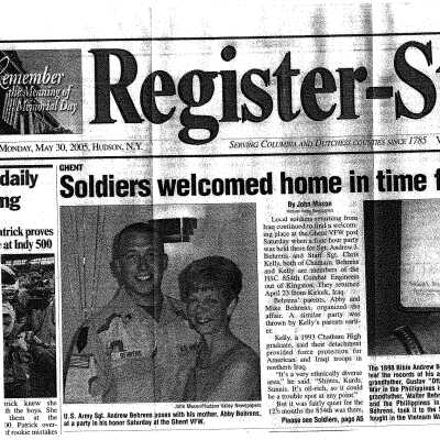 May 30, 2005, Register-Star Article Regarding the Return of Andrew Behrens from OIF: Two-page downloadable PDF.