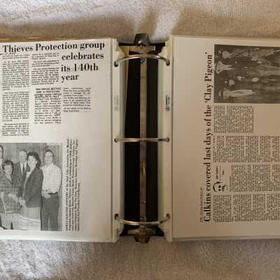 Left - Mutual Protection Against Horse Thieves 140th Meeting article in 1988: Right - Legs Diamond Clay Pigeon newspaper article