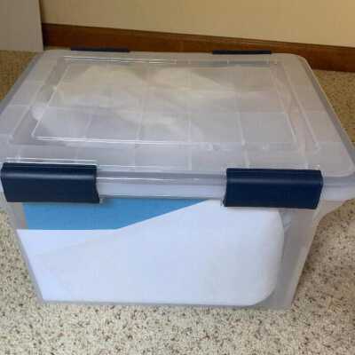 Rush Donation Box: JPG photo of the box in which all of the Rush Family donations are stored other than the yet-to-be-located photographs.  The box is stored in the Town Historian's Storeroom located on the 2nd floor of Town Hall.