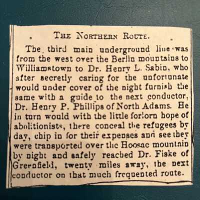 Portion of an article describing the route of the underground railroad through the Taborton area. Source and date unknown.