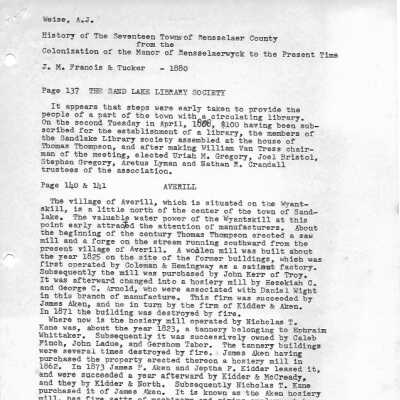 History of the 17 Towns of Rensselaer County: Research notes possibly compiled by K. Stanley Buck while reviewing an 1880 publication by J . M. Francis & Tucker.  Downloadable PDF document.