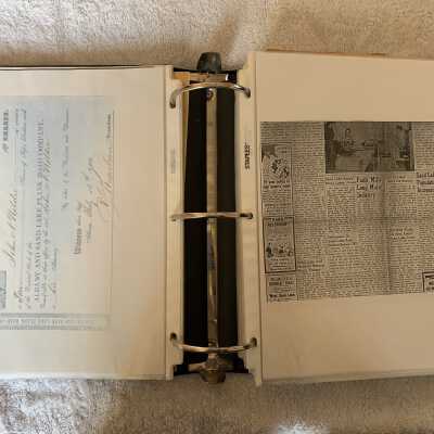 Left - Photocopy of a Plank Road certificate. Original copy documented elsewhere.: Right - 1958 Troy Times Record Faith Mills and Sand Lake newspaper articles
