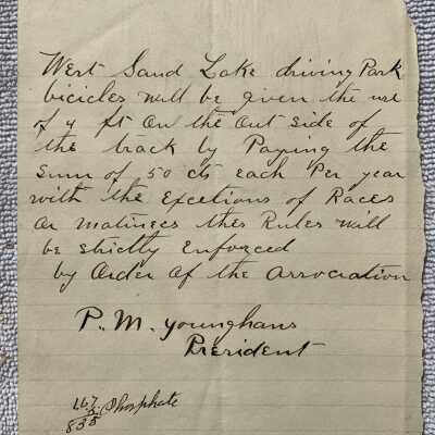 Agreement Authorizing Bicycles to use the Outer Lane of Younghans Racetrack: JPG photo of a loose-leaf page discovered in the 1898-1945 Thomas, Furguson & Higgins Farm Ledger & Leases entry in this folder.