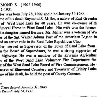 Raymond S. Miller Bio: JPG photo.  Excerpted from the Supervisor of Sand Lake History SLHS publication.