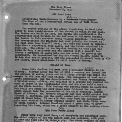 Transcript of a December 6, 1910, Troy Times/Record Article: Transcript from a December 6, 1910, Amsterdam Evening Recorder article regarding Sand Lake.  Notes that artist William "Rembrandt" Lockwood has ties to Sand Lake.  Downloadable PDF document.  Possible research material for the Coons article.