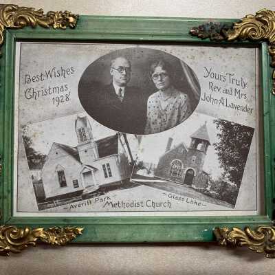 Christmas 1928 Methodist Church Best Wishes Photo: JPG photo.  Complements of Reverend and Mrs. John A. Lavender.  Includes photos of both the Averill Park and Glass Lake churches.