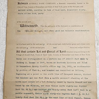Doc # 39 Indenture 1915-12-22 FPO: Averill Park Company APC to Bridget Downs. Deeds land located near Prospect Avenue in Sand Lake from the APC to Downs. Also mentions Carrie Howard and Filkins.