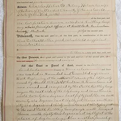 Doc # 41 Indenture 1904-05-09 FPO: Charles Holser and Betsy Holser to FM. Specifically deeds property located near FM from the Holsers to the Faith Knitting Company. Also mentions Arnold H. Wade and Andrew B. Knowlson.