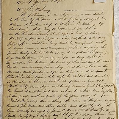 Doc # 43 Survey Documents 1904-03-14 FPO: One-page, handwritten, and undated survey amendment from surveyor Jefferey P. Thomas to William D. Mahoney. While undated, the amendment refers to the March 14, 1904 deed of property from William H. Gardner to Mahoney. Also mentions David Reynolds, John Adam, Jennie Averill, and Silas Miller as neighboring properties or prior interests.