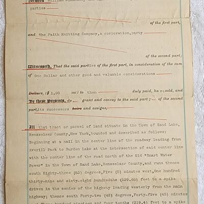 Doc # 44 Indenture 1904-02-17 FPO: William D. Mahoney and Agnes V. Mahoney to FM. Deeds lands and "buildings, mills, mill sites, water power, dams, and other appurtenances" from Mahoney to the Faith Knitting Company. Also mentions Kittie A. Wales and William H. Gardner.