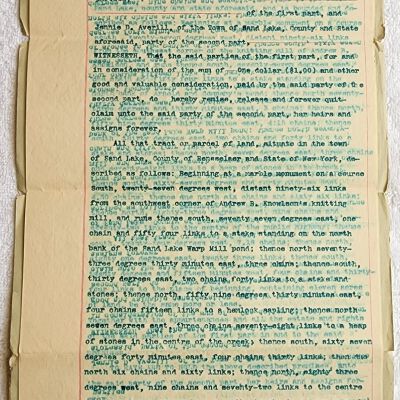 Doc # 45 Indenture 1898-05-23 FPO: David B. Plum and Harriet L. Barnes to Jennie D. Averill. Deeds property located near FM from Plum and Barnes to Averill. Also mentions Andrew B. Knowlson Mill, and Warp Mill pond.