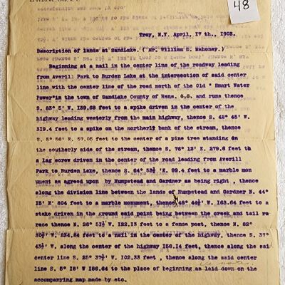 Doc # 48 Survey Documents 1903-04-17 FPO: One page of notations by surveyor John Fynn, Jr., apparently made for William D. Mahoney. For property located somewhere near FM.