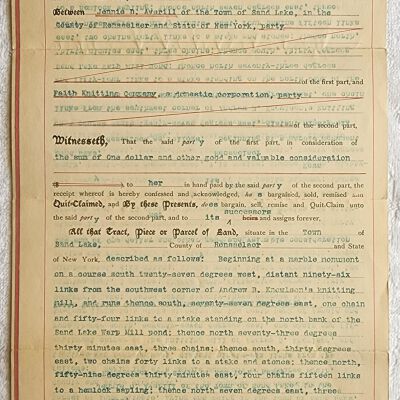 Doc # 49 Indenture 1902-04-24 FPO: Jennie D. Averill to FM. Deeds land located near FM to the Faith Knitting Company. Also mentions Andrew B. Knowlson's Mill.