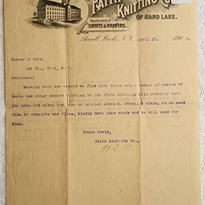 Doc # 51 Real Property Notations 1905-04-17 FPO: One page letter from William D. Mahoney to Hayer & Ward which was a law firm in Troy that had borrowed numerous original copies of deeds from FM to help settle a claim of some sort by attorney James K. Averill.