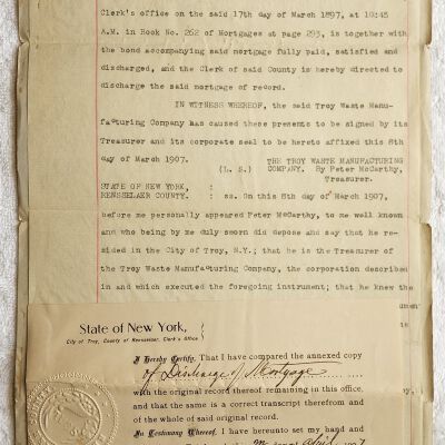 Doc # 52 Release of Lien 1907-04-16 FPO: From Peter McCarthy and Julia F. McCarthy to Troy Waste Manufacturing Company (TWMC). Certifies payment in full of a $20,000 mortgage from TWMC to or from the McCarthys.