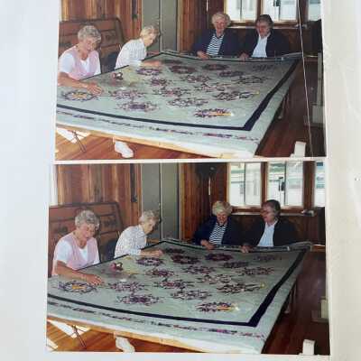 Quilters preparing for 2000 holiday bazaar.