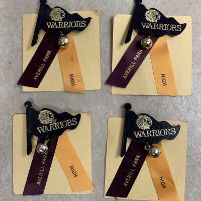 Averill Park High School Booster Pins: Collection of 4 Averill Park High School booster pins with a bell.  No date found or provided.  Donator unknown.  Located in SLHS File Cabinet 5 Drawer 2.
