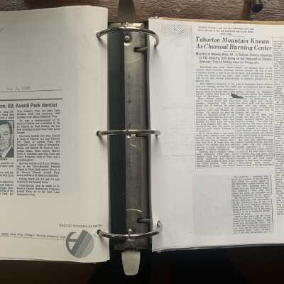 Left John J.W. Dunn, noted area dentist, obituary: Right undated newspaper article noting importance of Taborton as a charcoal production area