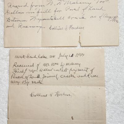 Doc # 17 Handwritten Real Estate Receipts 1944-07-21 P1-of-2: From Collins S. Harden, owner of the C. S. Harden Texaco Gasoline and Products station, and store to William D. Mahoney. Handwritten receipts noting three partial payments, one in July and two in August of 1944, totaling $230 from Mahoney to Hardin for lands located near the Mill Pond and Raceways near FM. The handwriting interestingly appears on the back of two commercially printed C. S. Hardin store receipts.