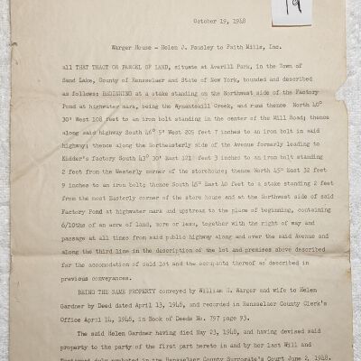 Doc # 19 Real Property Notations 1948-10-19 FPO: Helen J. Pausley and FM. Notes details of the intended sale of the Warger House by an heir of Helen Gardner upon her death. Relates the property and transaction described by document #16.