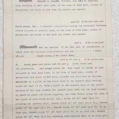 Doc # 20 Indenture 1944-08-14 FPO P1-of-2: Collins S. Harden and Irma H Ashford to FM. Deeds land located between the Andrew Uline farm and former Jacob and Hiram Cipperly properties from Harden and Ashford to Faith Mills.  Includes a handwritten sketch of the property being sold. May relate to Document #17 as well.  Other names mentioned include Elizabeth Wright and her heirs, William Z. A. Wright, Georgianna C. Miller, Lucetta Smauder, and Jessie A. Harden.