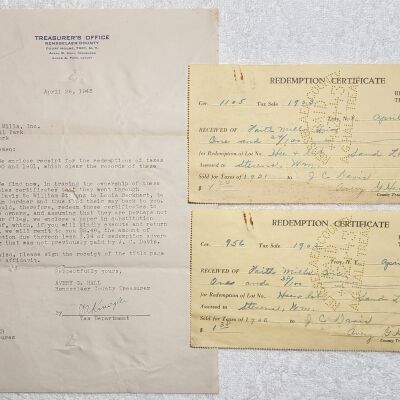 Doc # 21 Tax Documents 1943-04-26 FPO: Avery G. Hall letter to FM. Letter from the Treasurer of Rensselaer County to FM forwarding two missent tax redemption certificates representing a total cost of less than $3. The letter also mentions J. C. Davis, Louis Berkhart, and William Gardner.
